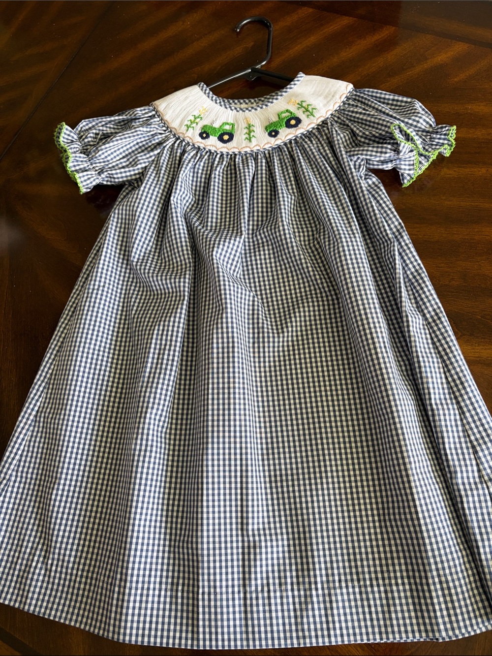 Navy Gingham Smocked Dress with Green Tractor Detail